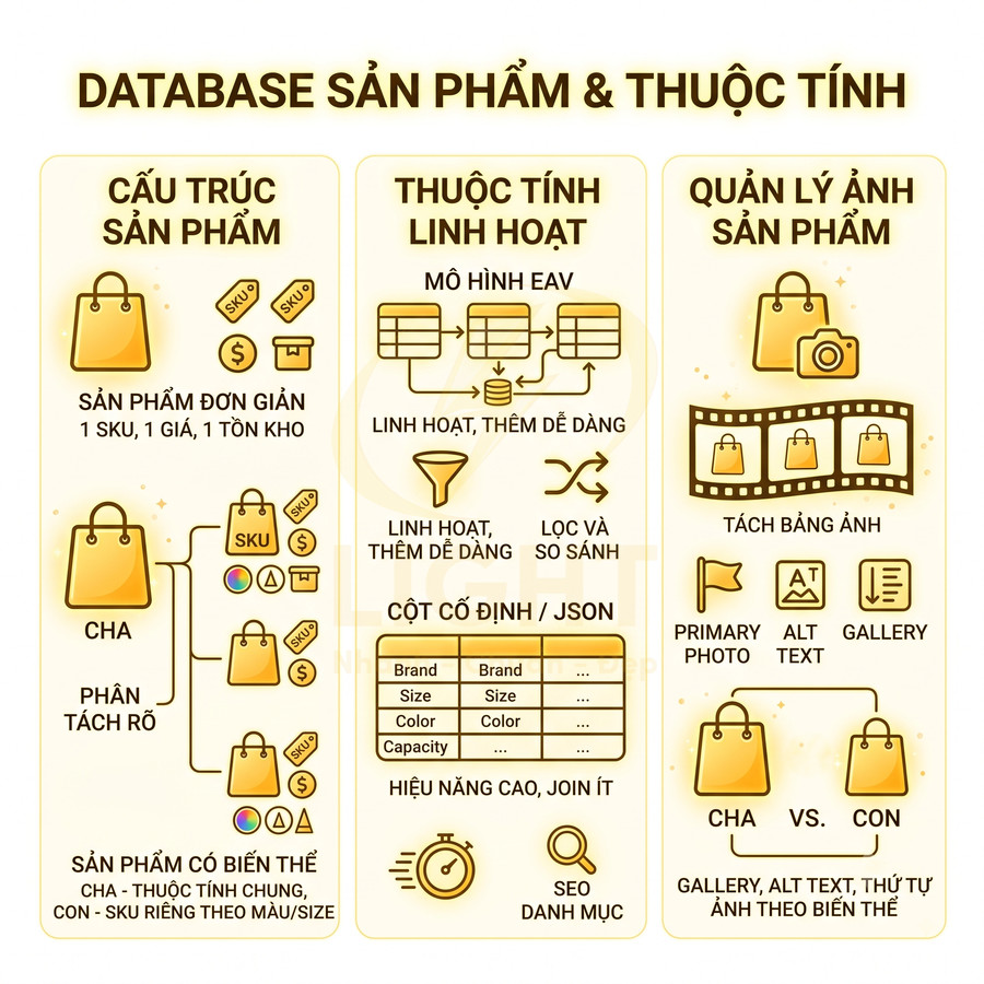 Infographic cấu trúc database sản phẩm và thuộc tính, quản lý SKU, biến thể, hình ảnh và SEO danh mục