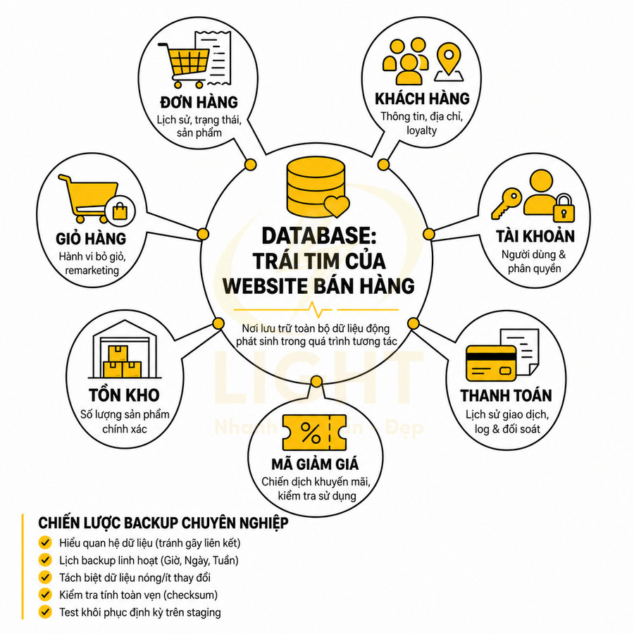 Sơ đồ database là trung tâm website bán hàng, kết nối đơn hàng, khách hàng, tài khoản, thanh toán, tồn kho, mã giảm giá