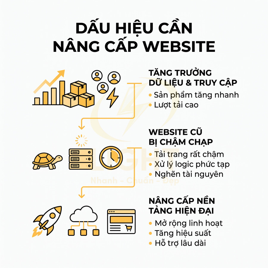Infographic dấu hiệu cần nâng cấp website với các lợi ích tăng trưởng dữ liệu, cải thiện tốc độ và nâng cấp nền tảng hiện đại