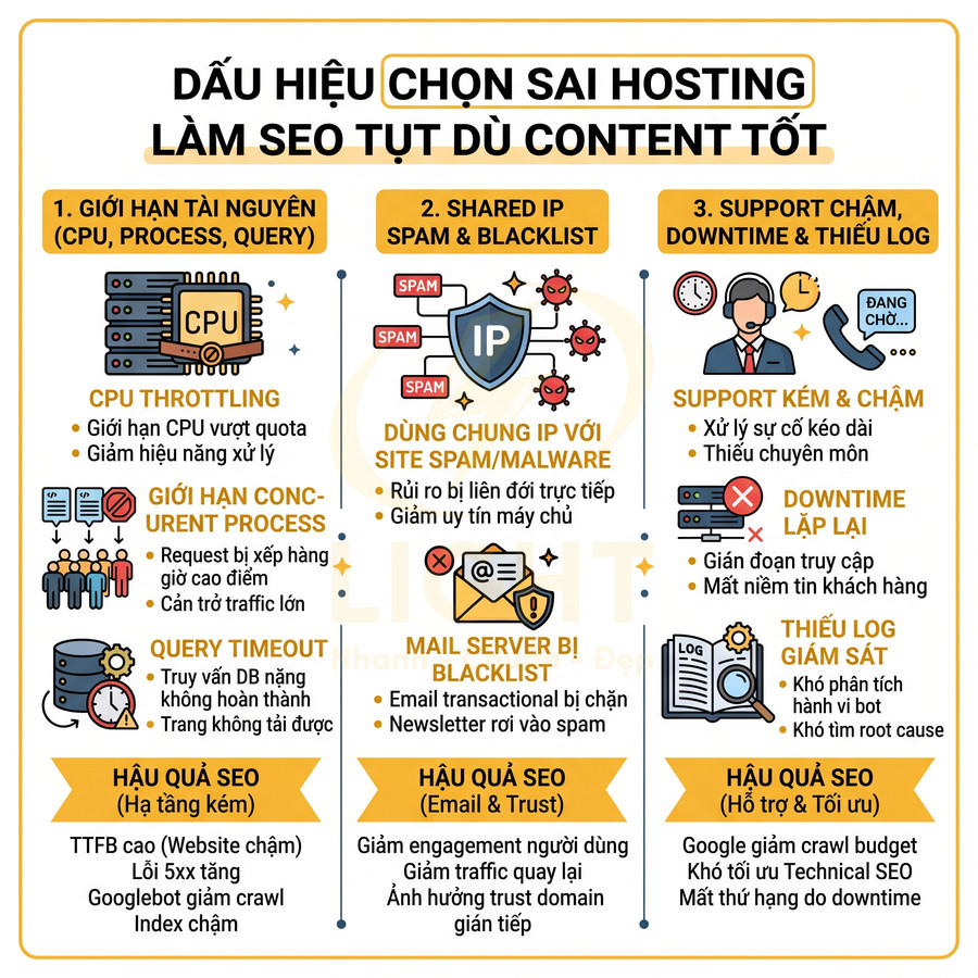 Infographic dấu hiệu chọn sai hosting ảnh hưởng SEO như giới hạn tài nguyên, shared IP spam và support chậm