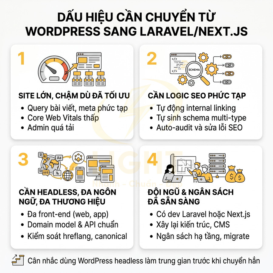 Dấu hiệu nên chuyển website từ WordPress sang Laravel hoặc Next.js với yêu cầu hiệu năng và SEO phức tạp