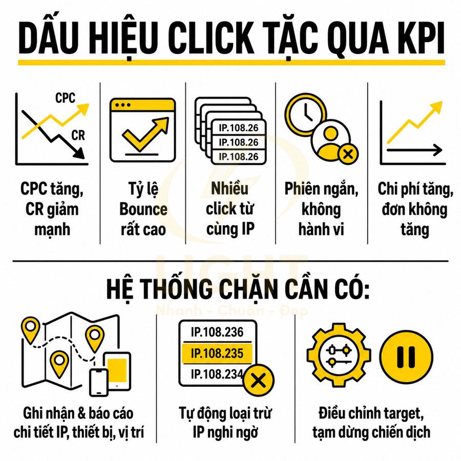 Infographic dấu hiệu click tặc qua KPI và hệ thống chặn IP nghi ngờ trong quảng cáo online