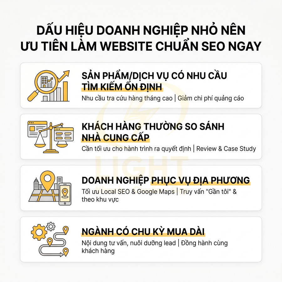 Infographic dấu hiệu doanh nghiệp nhỏ nên làm website chuẩn SEO với các lợi ích và ví dụ minh họa