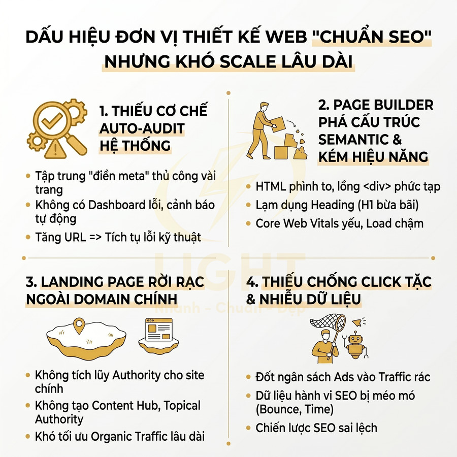 Infographic dấu hiệu đơn vị thiết kế web chuẩn SEO nhưng khó scale lâu dài, liệt kê 4 vấn đề chính về hệ thống và hiệu năng