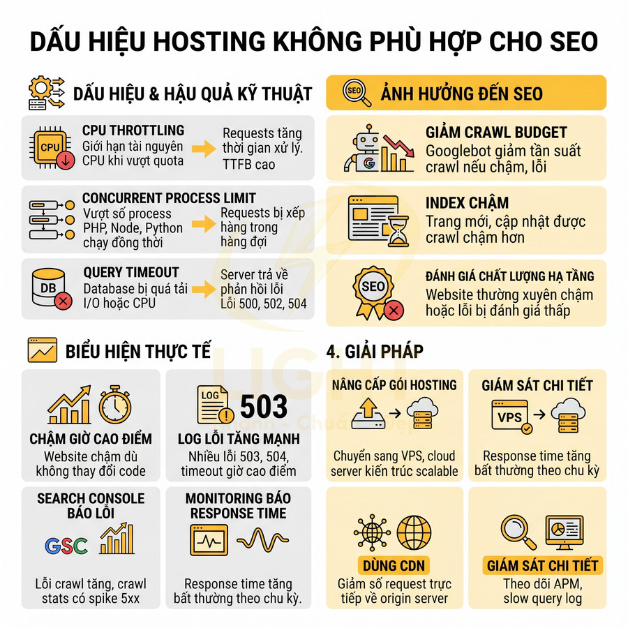 Infographic dấu hiệu hosting không phù hợp cho SEO và giải pháp nâng cấp hosting, giám sát, dùng CDN