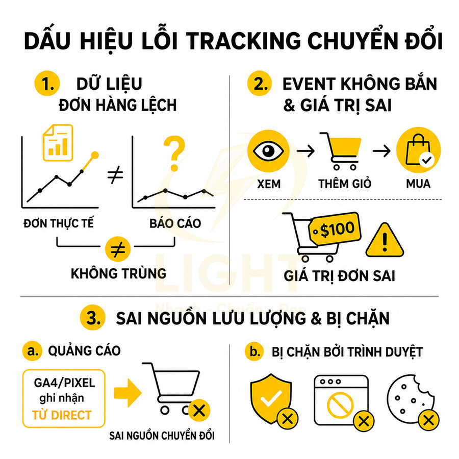 Dấu hiệu lỗi tracking chuyển đổi trong quảng cáo online như lệch dữ liệu đơn hàng, sai event và sai nguồn lưu lượng