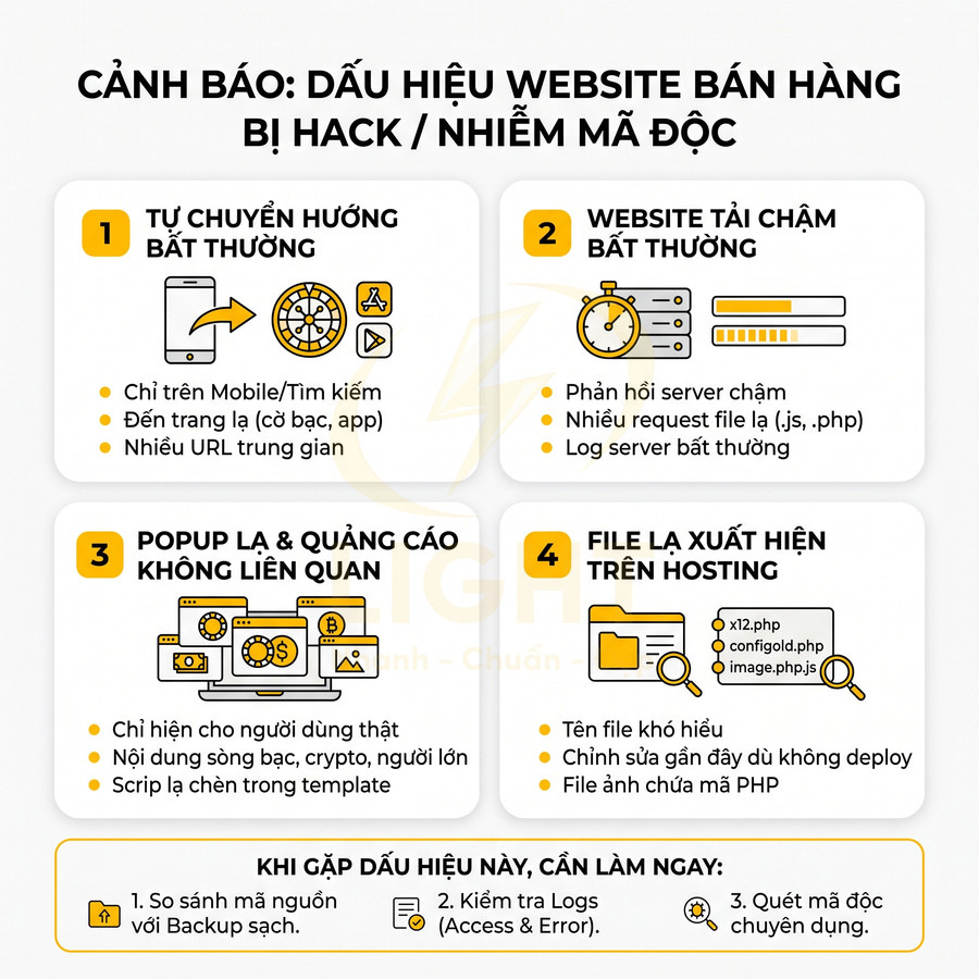 Infographic cảnh báo dấu hiệu website bán hàng bị hack nhiễm mã độc và hướng dẫn xử lý nhanh