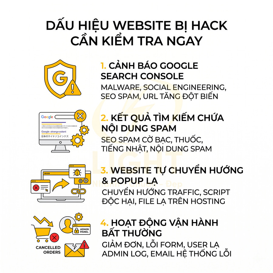 Dấu hiệu website bị hack cần kiểm tra ngay với cảnh báo Google, nội dung spam, chuyển hướng lạ và hoạt động bất thường