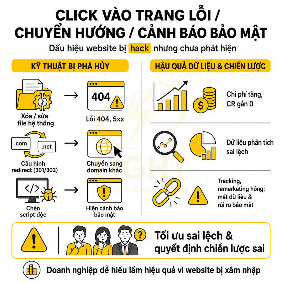 Infographic dấu hiệu website bị hack, lỗi 404, chuyển hướng, cảnh báo bảo mật và hậu quả cho dữ liệu, chiến lược