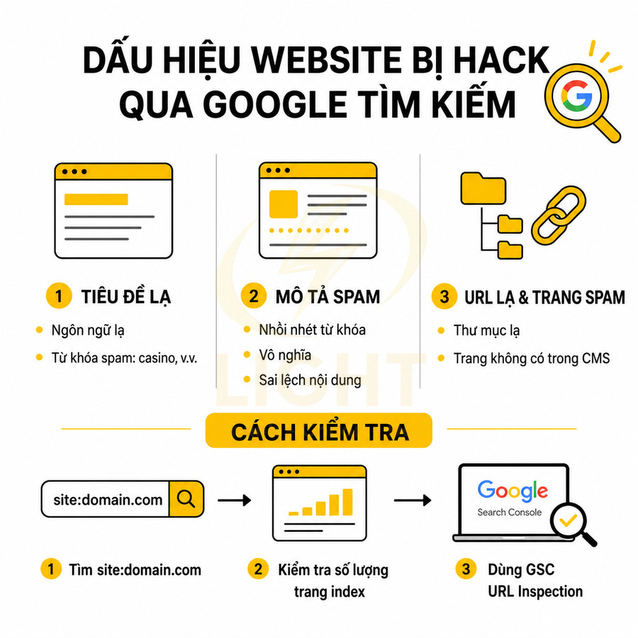 Infographic dấu hiệu website bị hack qua Google Tìm kiếm và cách kiểm tra bằng Google Search Console