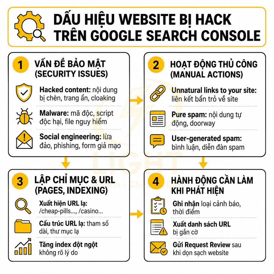 Dấu hiệu website bị hack trên Google Search Console và các bước xử lý cảnh báo bảo mật, spam, URL lạ