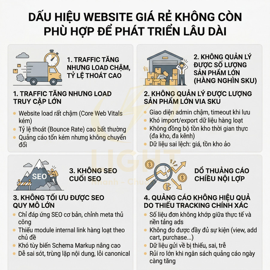 Infographic dấu hiệu website giá rẻ kém hiệu quả với traffic chậm, khó quản lý sản phẩm, không tối ưu SEO và quảng cáo