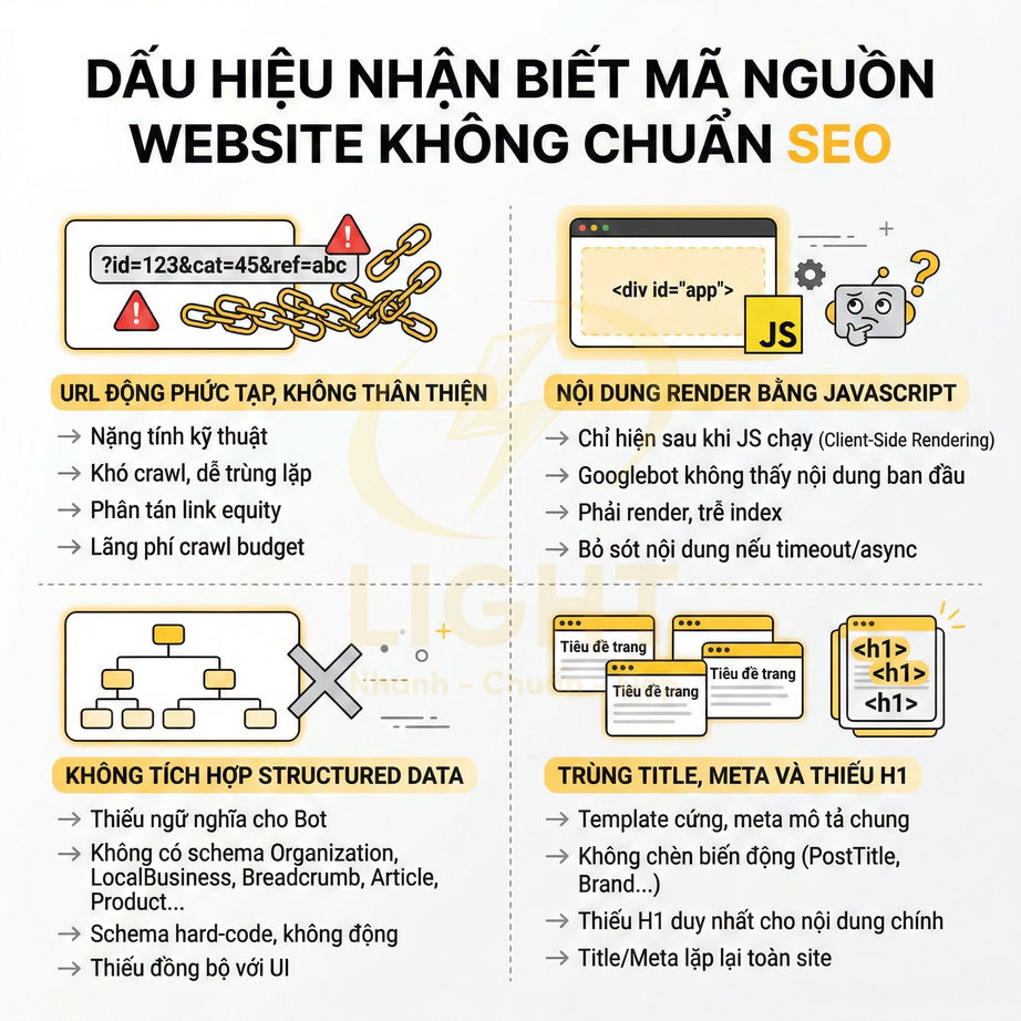 Dấu hiệu nhận biết mã nguồn website không chuẩn SEO với các lỗi URL, JavaScript, structured data, title và H1