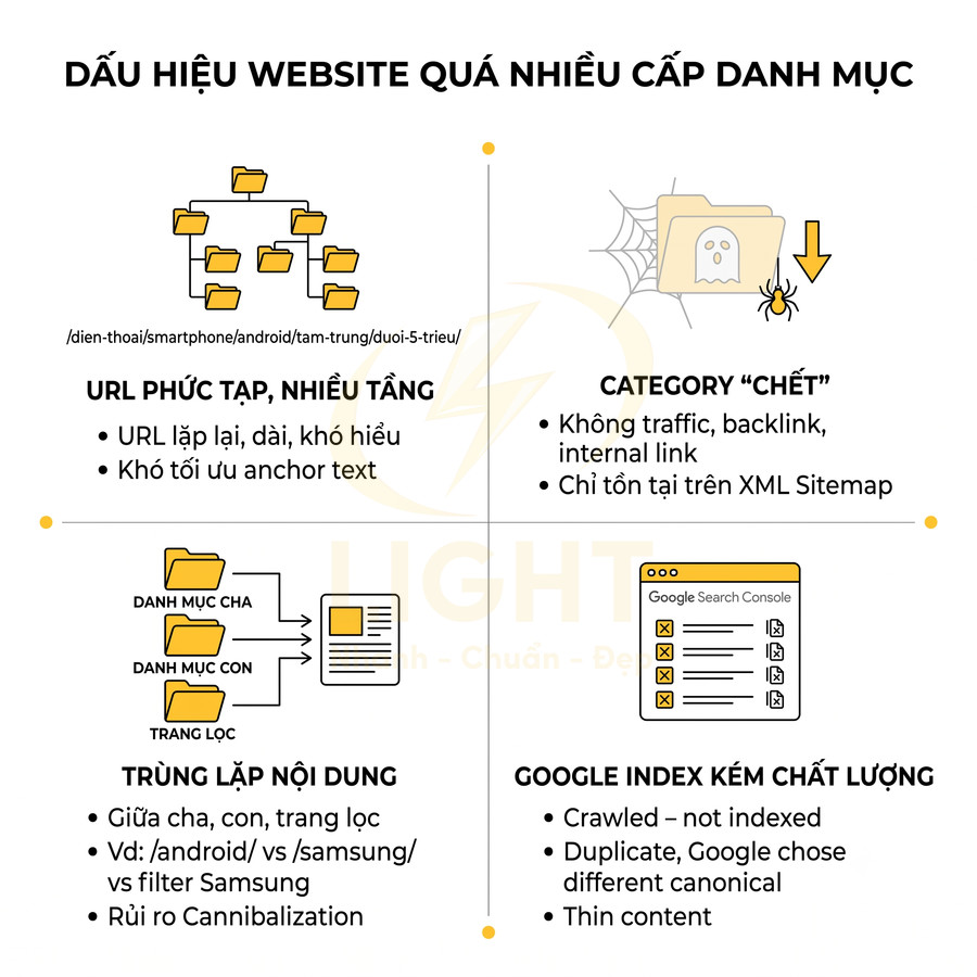Infographic dấu hiệu website có quá nhiều cấp danh mục và ảnh hưởng đến SEO, URL phức tạp, trùng lặp nội dung