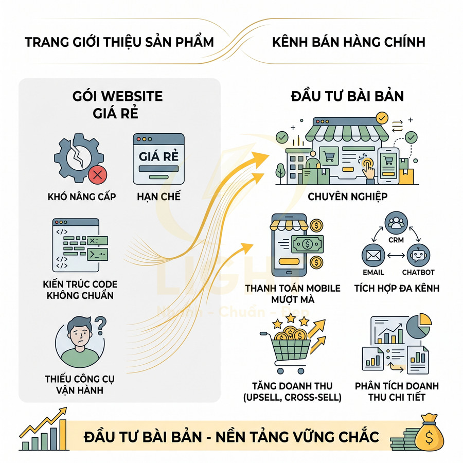 So sánh gói website giá rẻ và giải pháp đầu tư bài bản với thanh toán mobile, CRM, chatbot và phân tích doanh thu