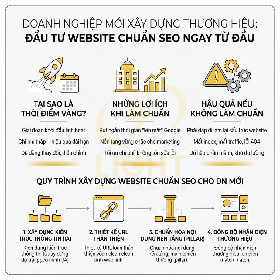 Infographic hướng dẫn doanh nghiệp mới đầu tư xây dựng website chuẩn SEO và quy trình tối ưu nội dung, cấu trúc, thương hiệu