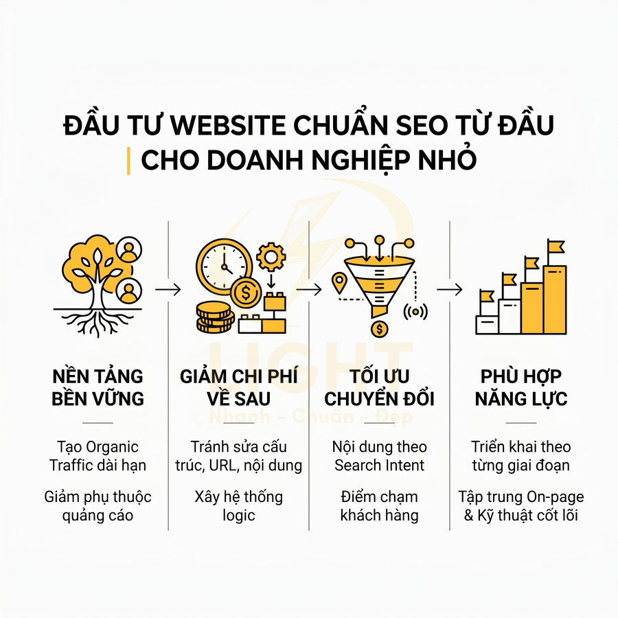 Lợi ích đầu tư website chuẩn SEO cho doanh nghiệp nhỏ với nền tảng bền vững, giảm chi phí, tối ưu chuyển đổi