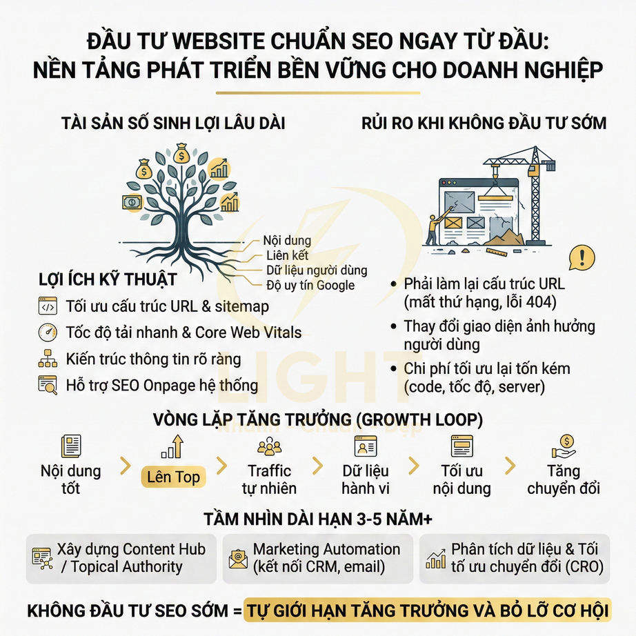 Infographic lợi ích đầu tư website chuẩn SEO sớm, tối ưu kỹ thuật, tăng trưởng traffic và chuyển đổi cho doanh nghiệp
