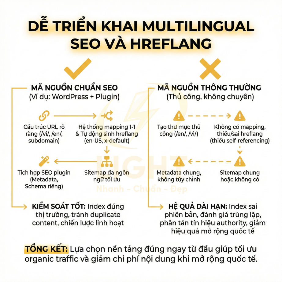 So sánh mã nguồn chuẩn SEO và mã nguồn thông thường khi triển khai multilingual SEO và hreflang