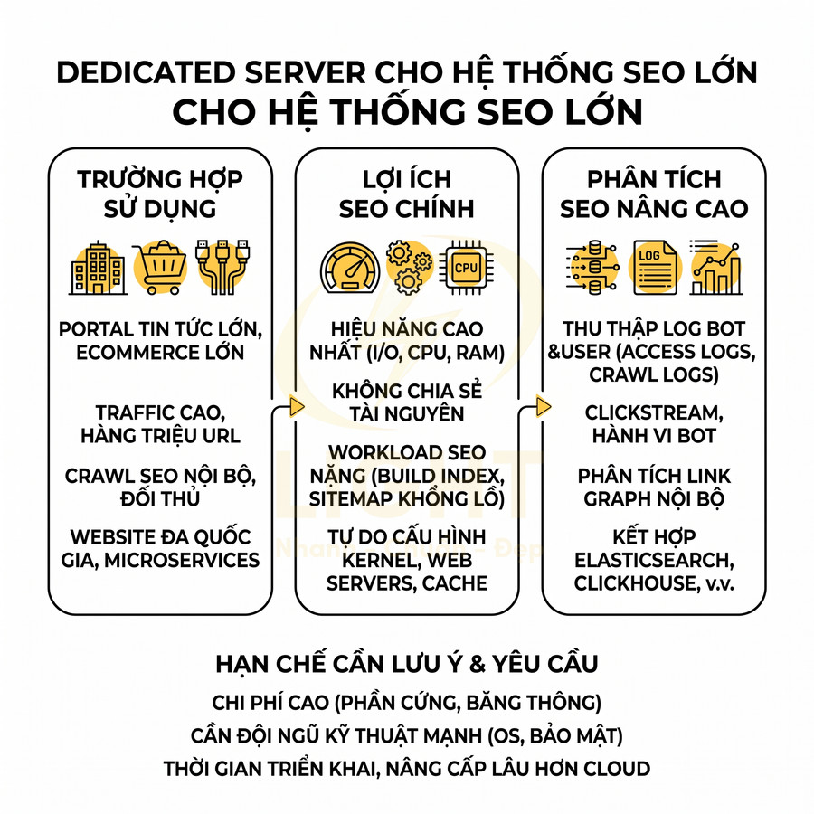 Dedicated server cho hệ thống SEO lớn, nêu trường hợp sử dụng, lợi ích SEO chính và phân tích SEO nâng cao