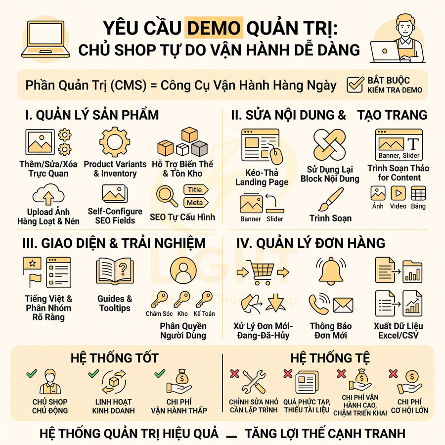 Infographic giới thiệu tính năng hệ thống quản trị CMS giúp chủ shop quản lý sản phẩm, nội dung, giao diện và đơn hàng hiệu quả