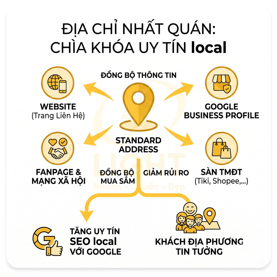 Mô hình địa chỉ nhất quán standard address giúp đồng bộ website, Google Business, fanpage, sàn TMĐT và tăng uy tín SEO local
