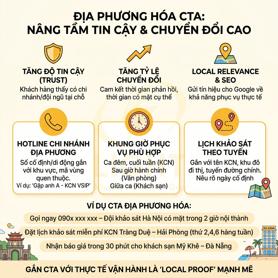 Infographic địa phương hóa CTA tăng độ tin cậy chuyển đổi, nêu hotline chi nhánh, khung giờ phục vụ và lịch khảo sát theo tuyến