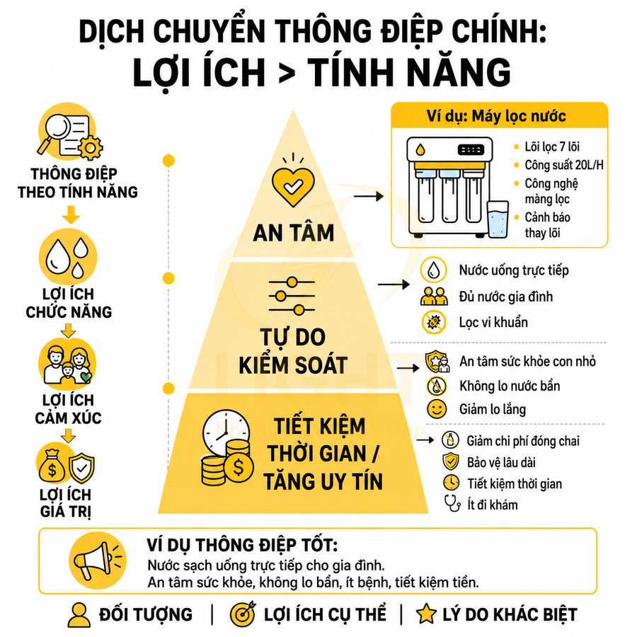 Sơ đồ lợi ích sản phẩm máy lọc nước cho gia đình nhấn mạnh an tâm sức khỏe và tiết kiệm thời gian chi phí