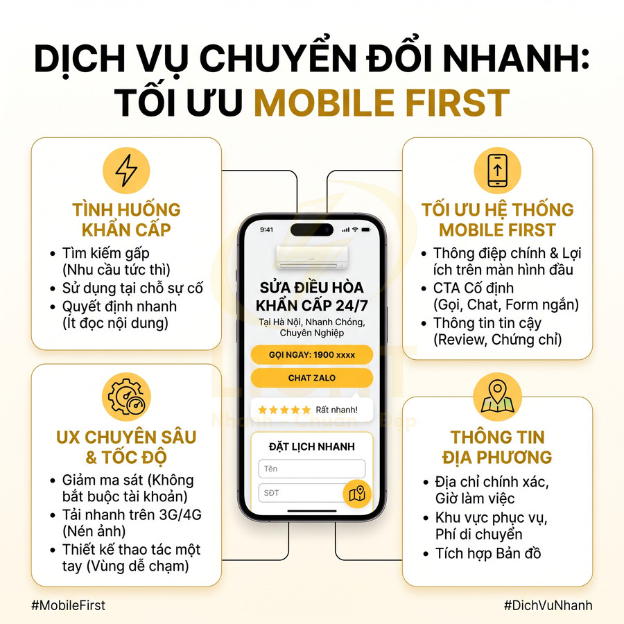 Giao diện dịch vụ sửa điều hòa khẩn cấp 24/7 tối ưu mobile first trên màn hình điện thoại thông minh