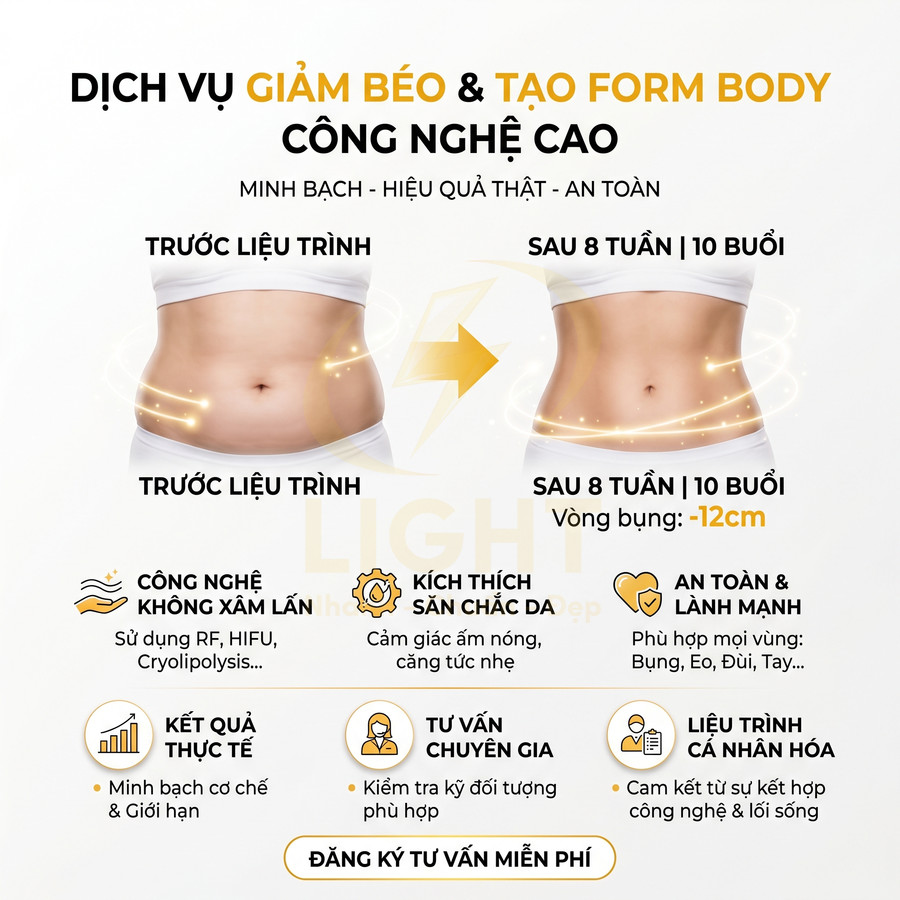 Dịch vụ giảm mỡ bụng công nghệ cao với hình ảnh so sánh vòng eo trước và sau 8 tuần liệu trình