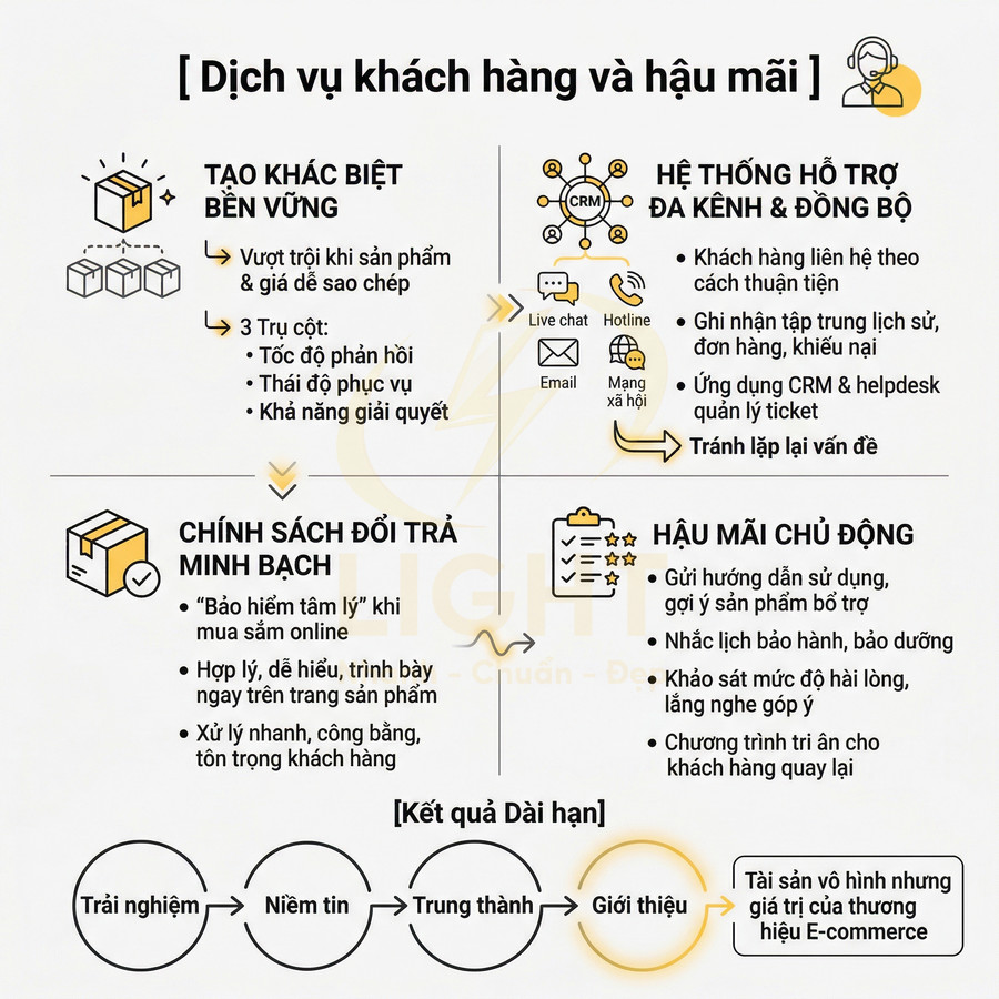 Infographic dịch vụ khách hàng và hậu mãi trong thương mại điện tử với các bước tạo khác biệt, đổi trả minh bạch và chăm sóc sau bán