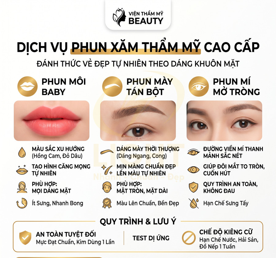 Dịch vụ phun xăm thẩm mỹ cao cấp tại Viện Thẩm Mỹ Beauty với phun môi baby, phun mày tán bột, phun mí mở tròng