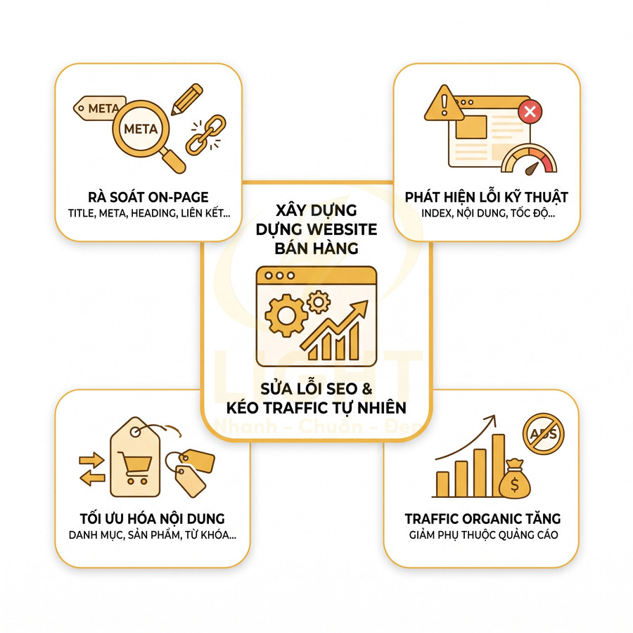 Dịch vụ SEO website bán hàng với rà soát onpage, tối ưu nội dung, sửa lỗi kỹ thuật và tăng traffic tự nhiên
