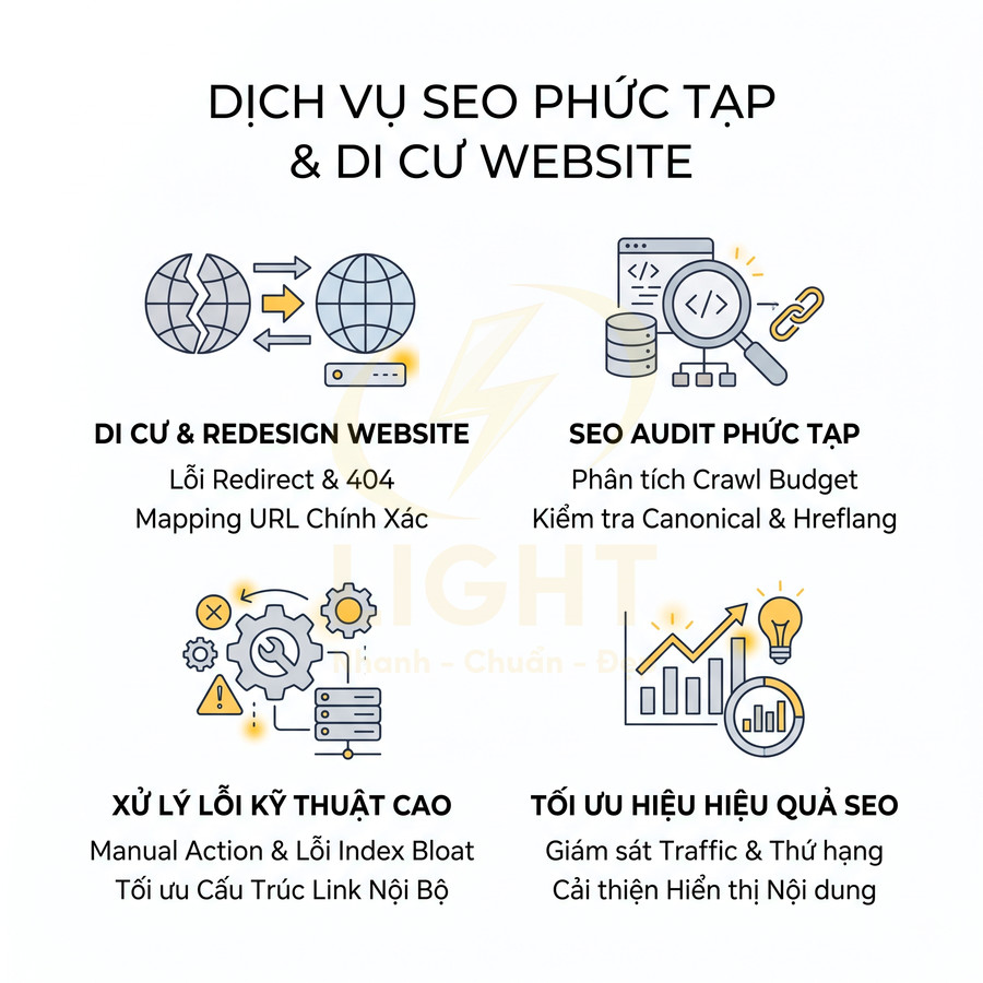 Dịch vụ SEO phức tạp và di cư website gồm audit, xử lý lỗi kỹ thuật, tối ưu hiệu quả và redesign site