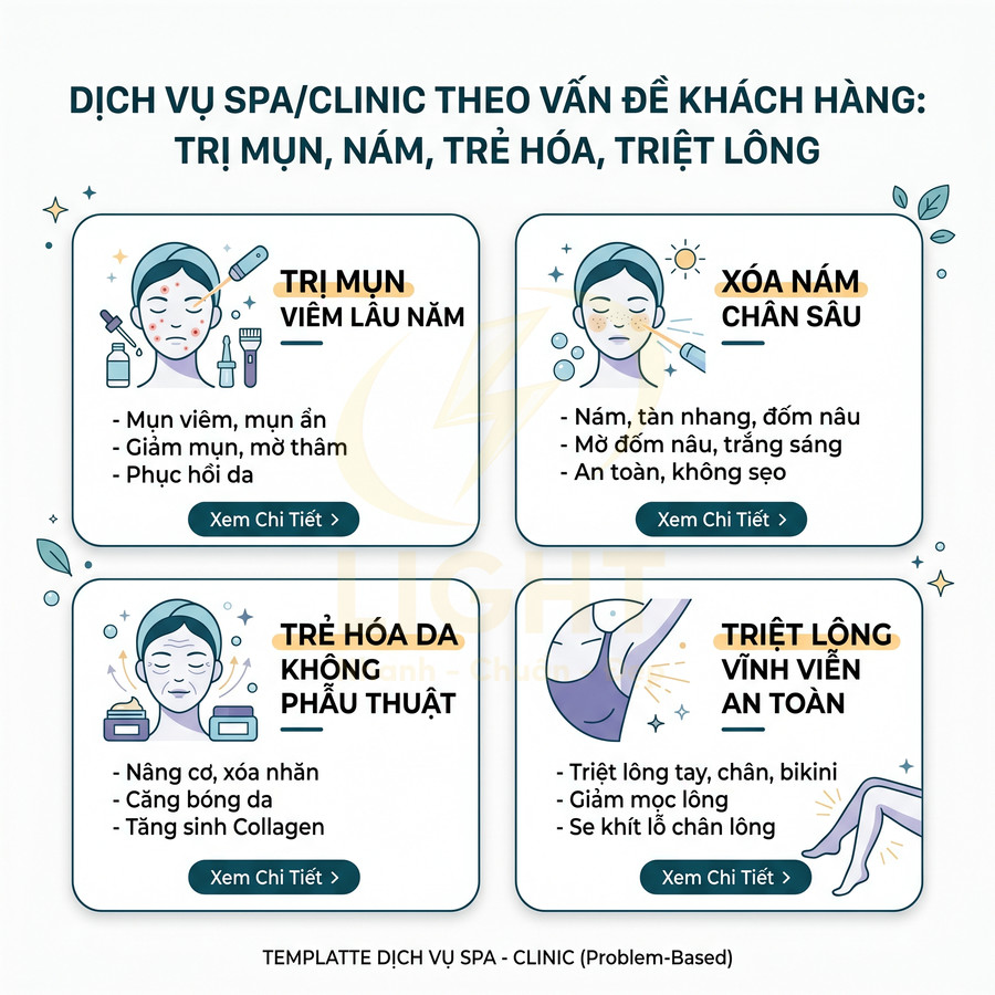 Mẫu thiết kế dịch vụ spa clinic trị mụn, xóa nám, trẻ hóa da, triệt lông vĩnh viễn an toàn