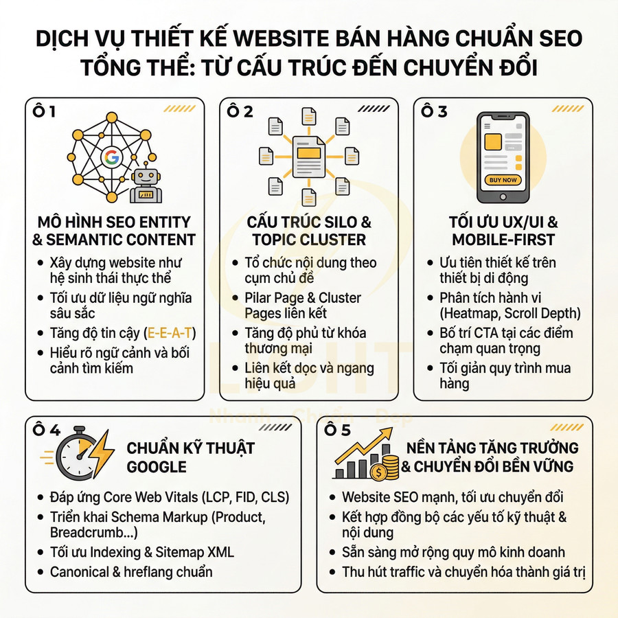 Dịch vụ thiết kế website bán hàng chuẩn SEO tổng thể với mô hình entity, cấu trúc silo và tối ưu UX UI mobile first