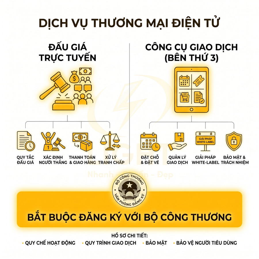 Infographic dịch vụ thương mại điện tử đấu giá trực tuyến và công cụ giao dịch bên thứ ba bắt buộc đăng ký Bộ Công Thương