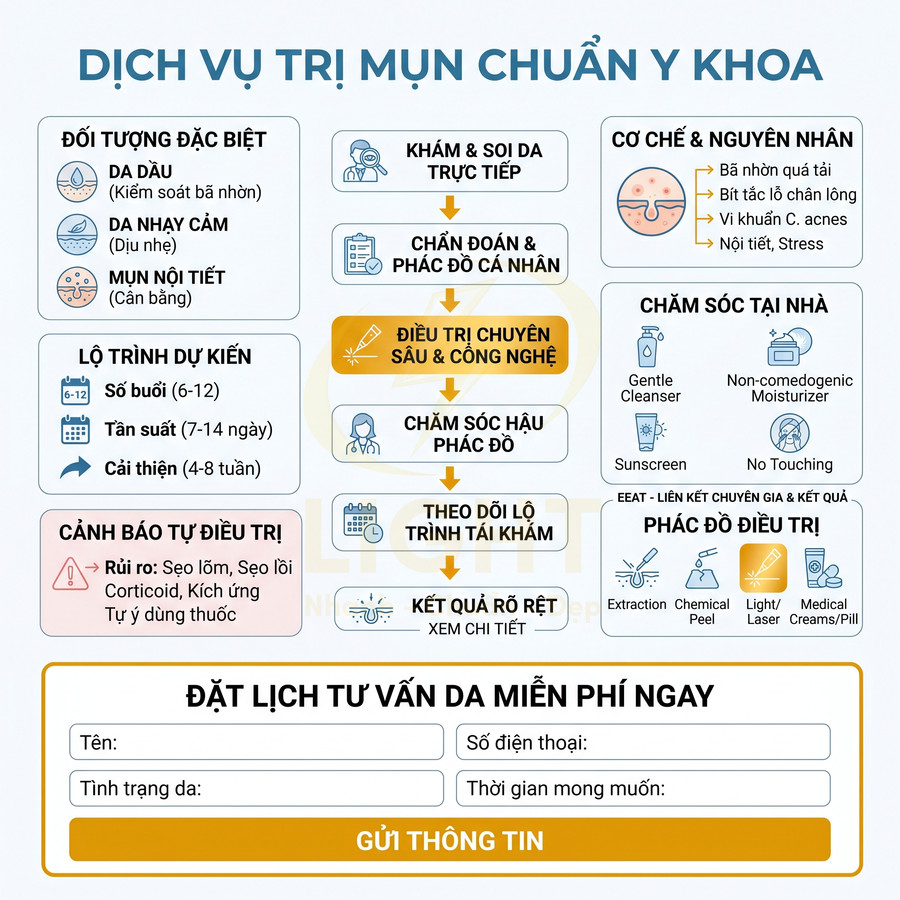 Dịch vụ trị mụn chuẩn y khoa với quy trình khám, điều trị chuyên sâu, chăm sóc tại nhà và form đặt lịch tư vấn da miễn phí