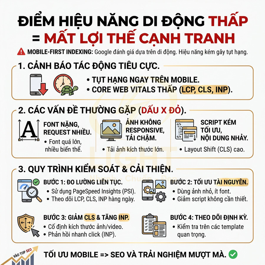 Infographic tối ưu hiệu năng website mobile, liệt kê lỗi thường gặp và quy trình cải thiện Core Web Vitals