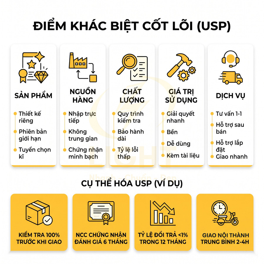 Infographic điểm khác biệt cốt lõi USP về sản phẩm, nguồn hàng, chất lượng, giá trị sử dụng và dịch vụ