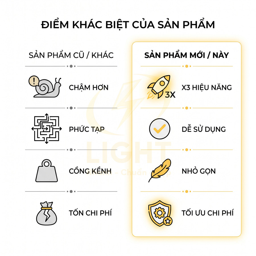 So sánh sản phẩm mới hiệu năng gấp 3 lần, dễ sử dụng, nhỏ gọn, tối ưu chi phí với sản phẩm cũ chậm và cồng kềnh