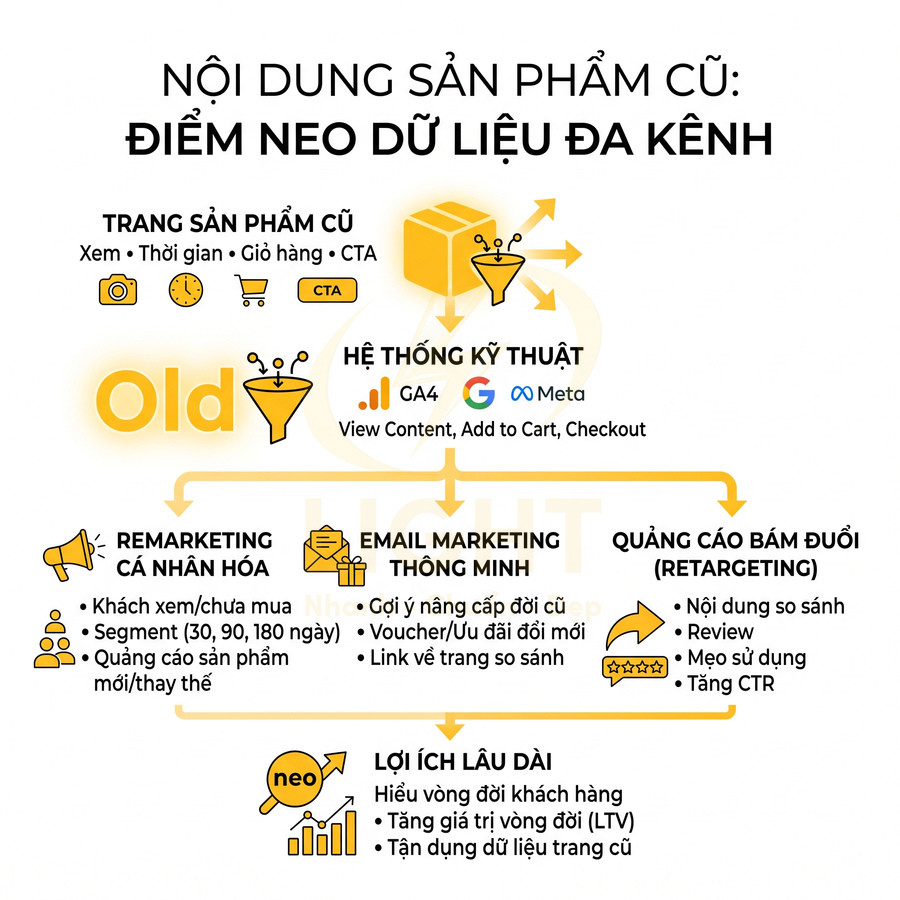 Sơ đồ quy trình dùng nội dung sản phẩm cũ làm điểm neo dữ liệu đa kênh cho remarketing và email marketing
