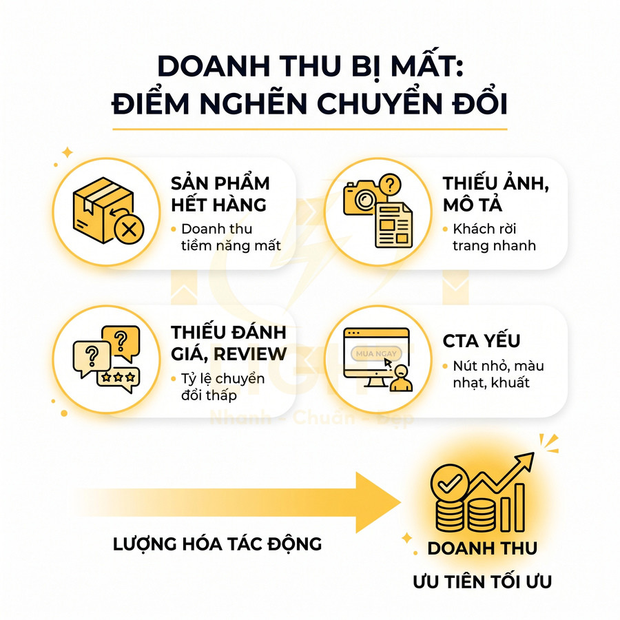 Infographic các điểm nghẽn chuyển đổi làm mất doanh thu và gợi ý tối ưu trang sản phẩm online