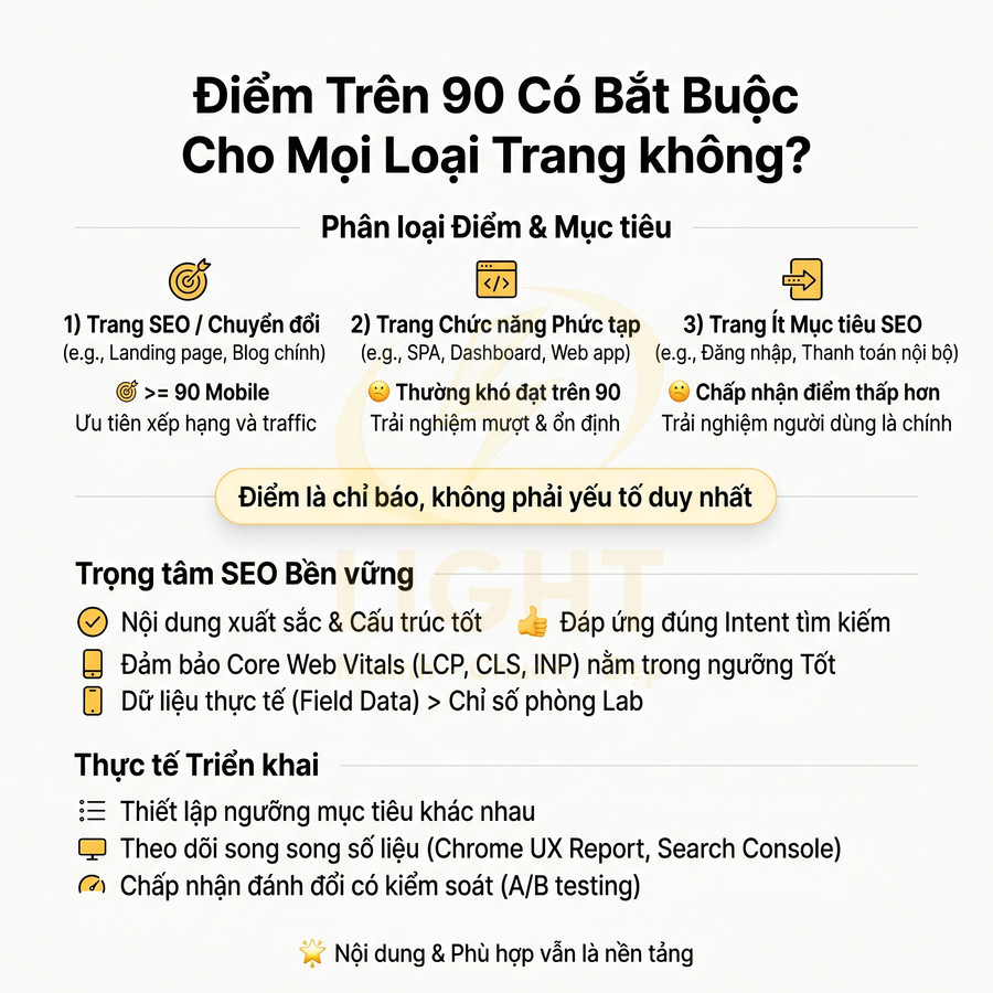 Infographic tiếng Việt giải thích có cần điểm PageSpeed trên 90 cho mọi loại trang web và các yếu tố SEO bền vững