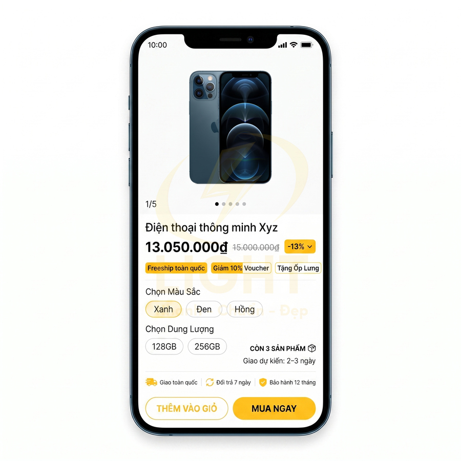 Giao diện mua sắm điện thoại thông minh hiển thị sản phẩm iPhone màu xanh và các tùy chọn mua hàng