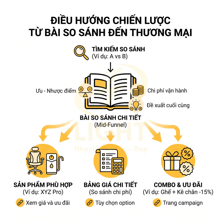 Sơ đồ điều hướng chiến lược nội dung so sánh sản phẩm đến thương mại với sản phẩm, bảng giá và combo ưu đãi