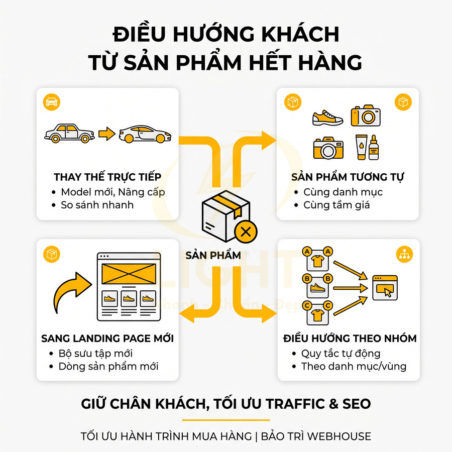 Mô hình điều hướng khách khi sản phẩm hết hàng với các lựa chọn thay thế, sản phẩm tương tự và landing page mới