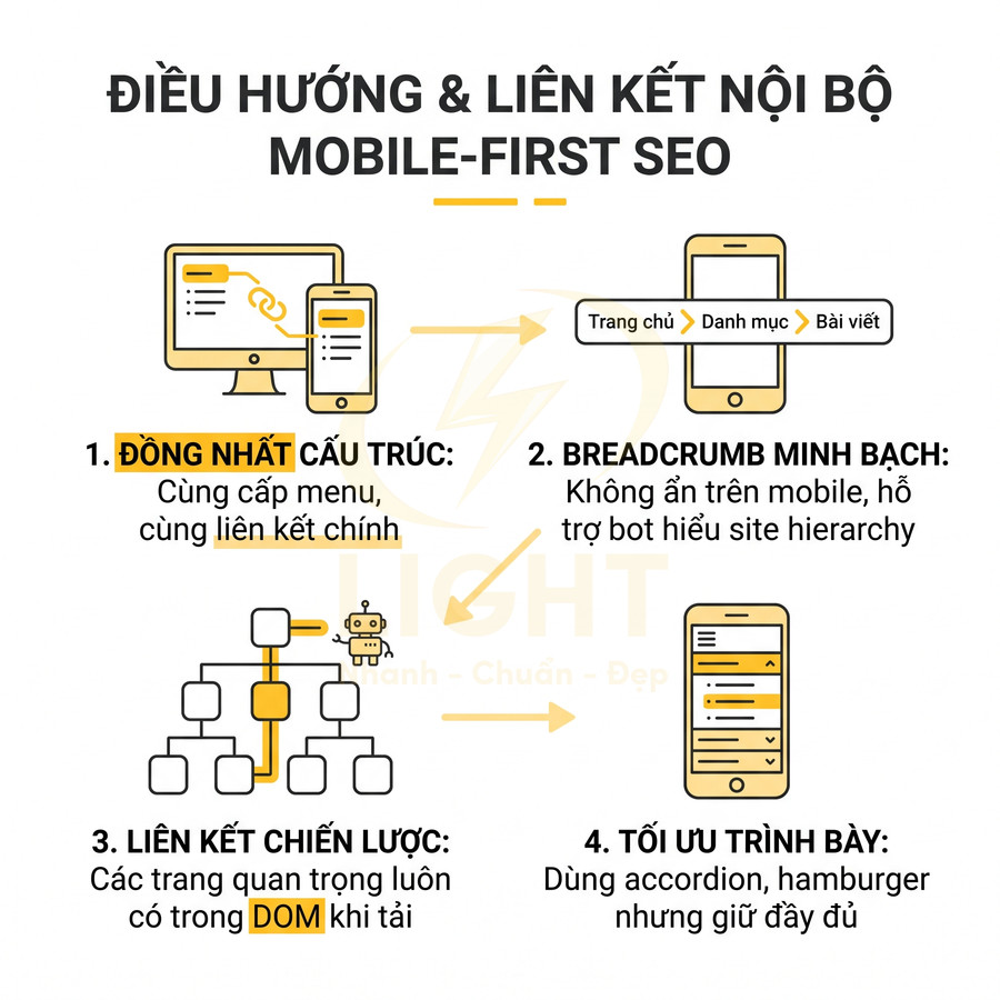 Hướng dẫn điều hướng và liên kết nội bộ chuẩn mobile first SEO với cấu trúc, breadcrumb, liên kết và trình bày tối ưu