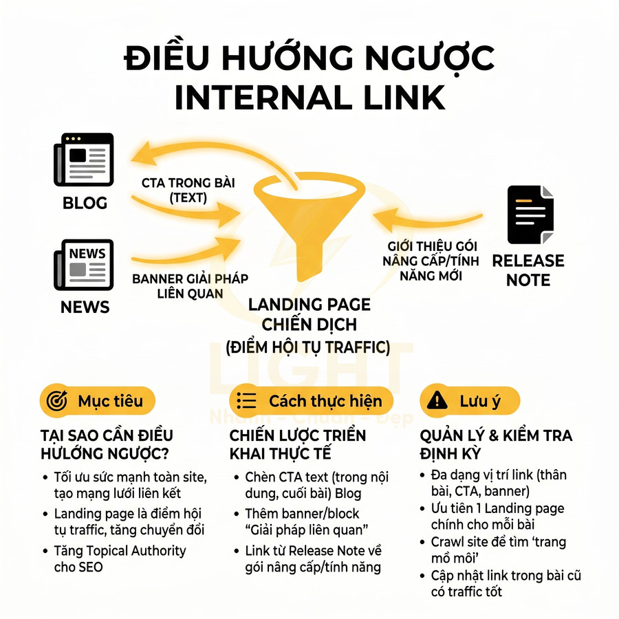 Mô hình điều hướng ngược internal link từ blog, news, release note về landing page chiến dịch trong SEO