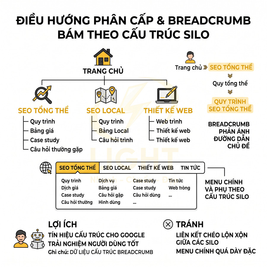 Sơ đồ hướng dẫn điều hướng phân cấp và breadcrumb theo cấu trúc silo cho website SEO tổng thể